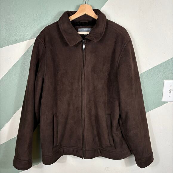 Perry Ellis Winter Jacket Men's Large Brown Faux Suede Faux Fur Lining Full Zip - Picture 10 of 11